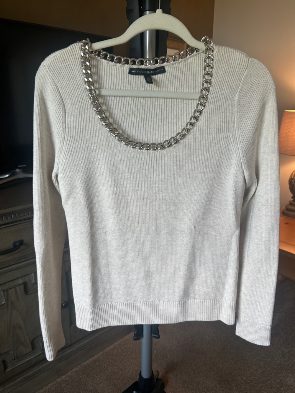 White House Black Market Cream Ribbed Sweater with Silver Chain